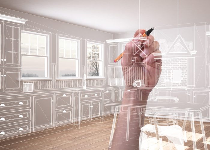 Empty white interior with parquet floor and three panoramic windows, hand drawing custom architecture design, white ink sketch, blueprint showing classic kitchen